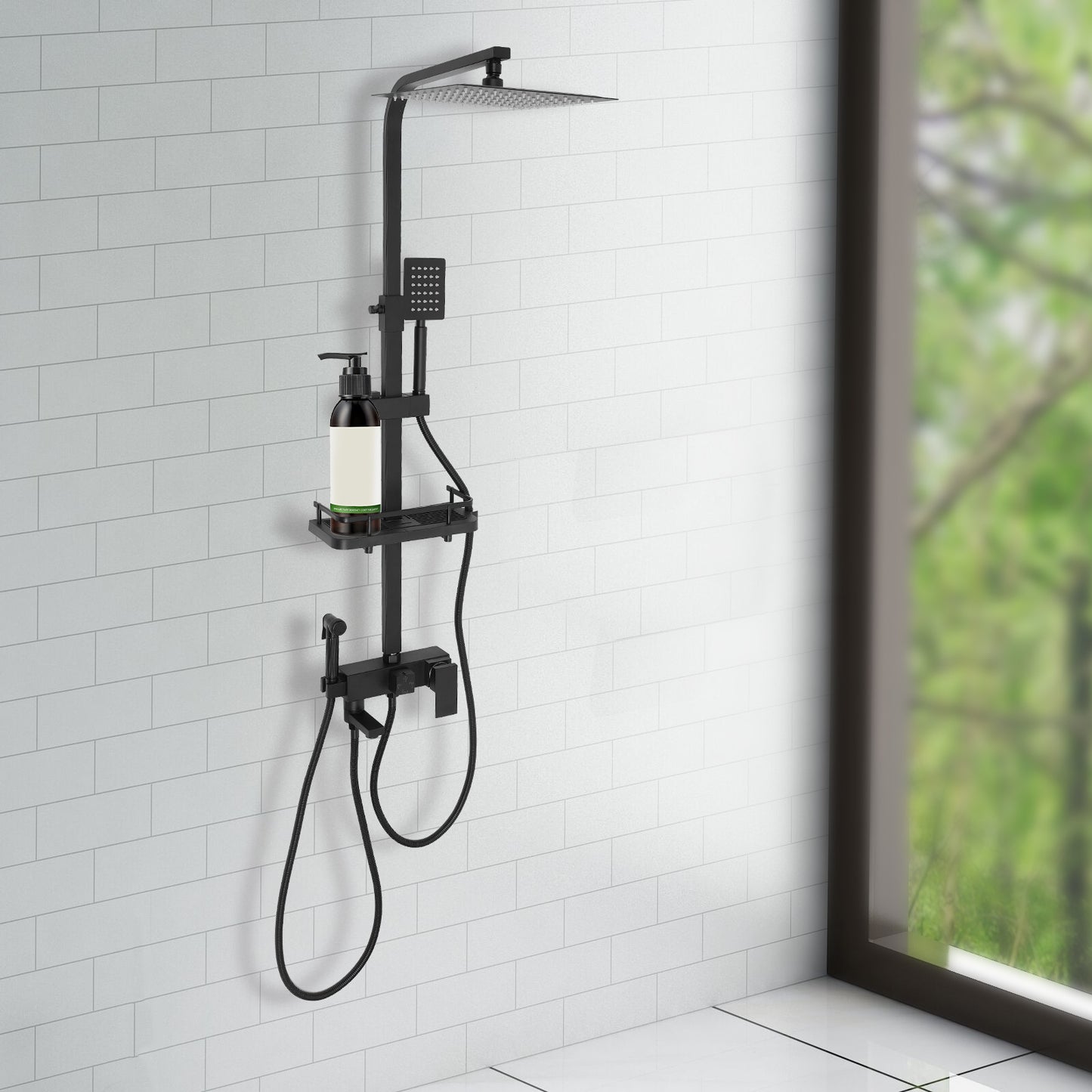 Badkraan – Badmengkraan – Douchekraan – Badthermostaat – Mengkraan – Wandmontage – Met Handdouche – Waterbesparende Stopknop – Krasbestendig Zwart Design