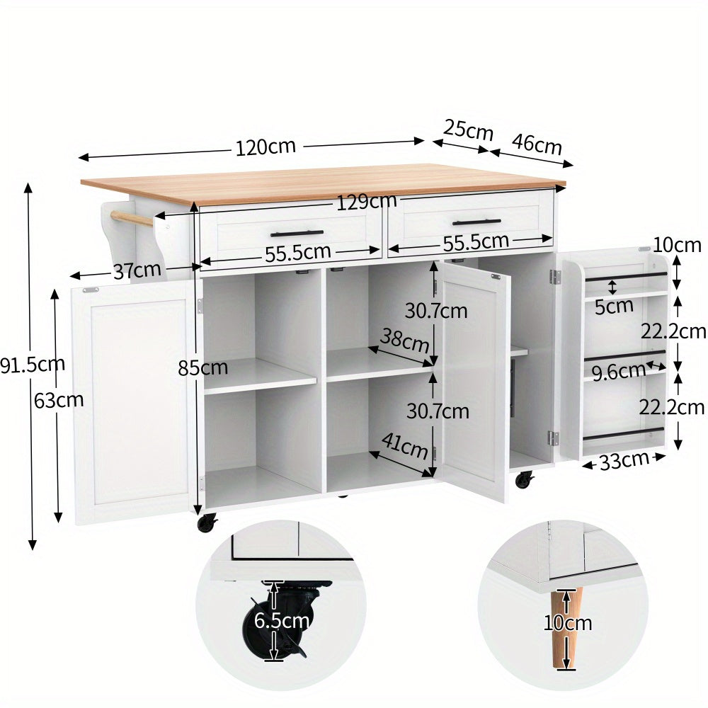 Dressoir – Sideboard – Buffet – Opbergkast – Woonkamerkast – Wit Modern Mobiel Meubel – Uitschuifbare Klaptafel – 4 Wieltjes & Veel Opbergruimte