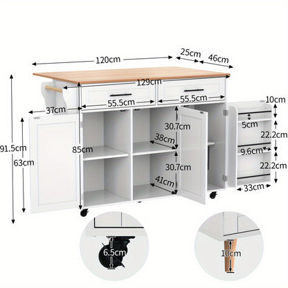 Dressoir – Sideboard – Buffet – Opbergkast – Woonkamerkast – Wit Modern Mobiel Meubel – Uitschuifbare Klaptafel – 4 Wieltjes & Veel Opbergruimte