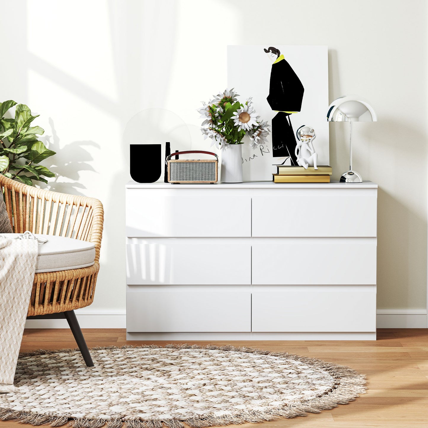 Ladekast – Dressoir – Kast – Commode – Opbergmeubel – 6 Lades – Softclose – Wit – 120 x 39 x 75 cm – Houten Materialen