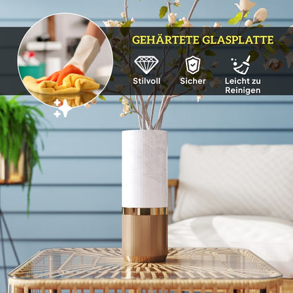 Buitenbijzettafel – Tuinmeubel – Bijzettafel – Loungtafel – Side table – Weerbestendig PE-rattan – Gehard glas blad 65x65x43 cm Natural Wood