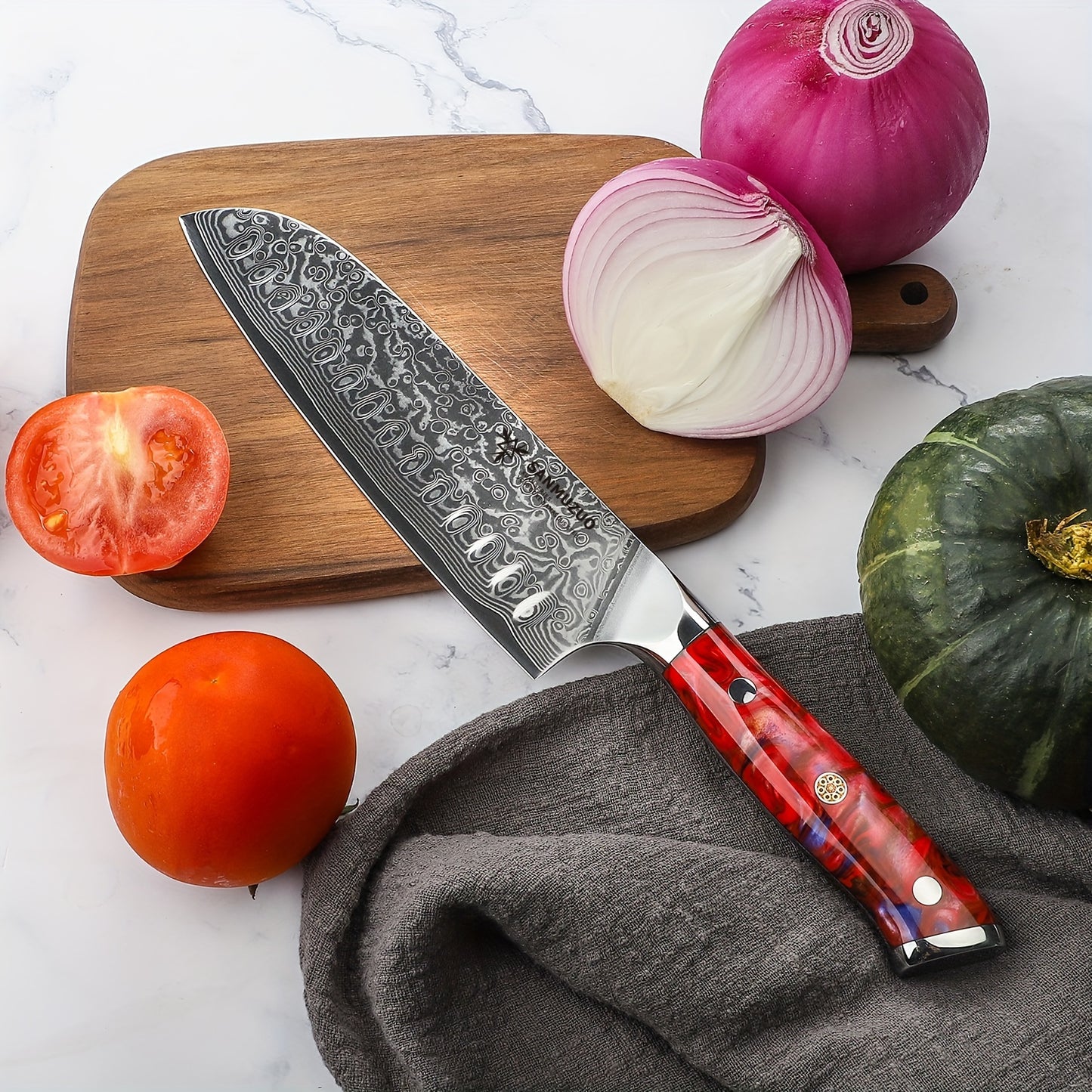 Xuan Series 7-inch Damascus Santoku Knife - VG-10 Hammer-Forged Steel, Sunset Red Resin Handle, Ultra-Sharp Professional Chef Knife for Home & Professional Kitchens