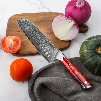 Xuan Series 7-inch Damascus Santoku Knife - VG-10 Hammer-Forged Steel, Sunset Red Resin Handle, Ultra-Sharp Professional Chef Knife for Home & Professional Kitchens
