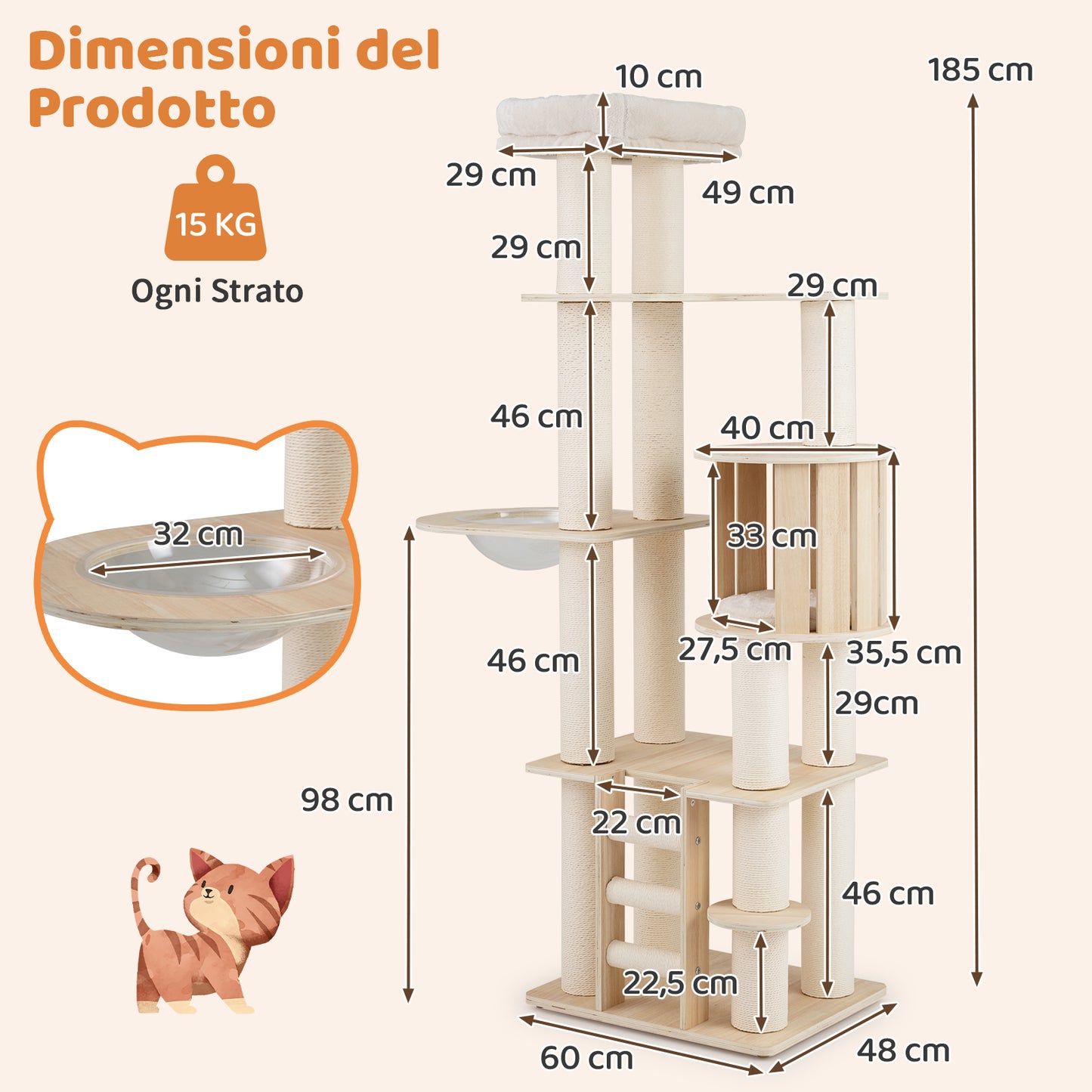 Krabpaal Kat – Krabboom Kattenmeubel – Kattenhuis Krabpaal – Klimmeubel Kat – Krabpaal Natuur – 185 cm Hoog – Anti-Slip Bescherming