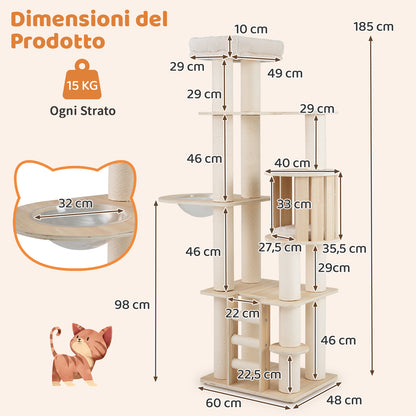 Krabpaal Kat – Krabboom Kattenmeubel – Kattenhuis Krabpaal – Klimmeubel Kat – Krabpaal Natuur – 185 cm Hoog – Anti-Slip Bescherming