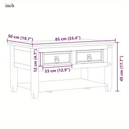 Salontafel – Koffietafel – Bijzettafel – Woonkamertafel – Tafeltje – Massief Dennehout – 2 Lades – Compact 85x50x45 cm