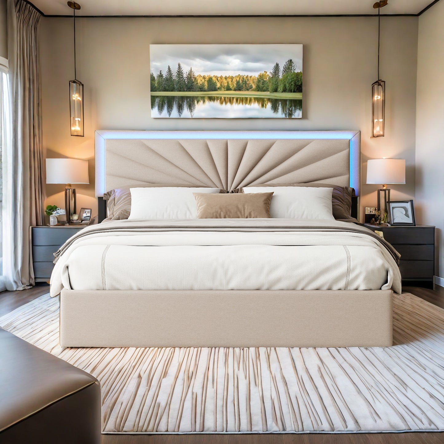 Bedframe – Gestoffeerd Bed – Tweepersoonsbed – Slaapbank – Opbergbed – 160 x 200 cm – LED-verlichting – 4 Grote Laden