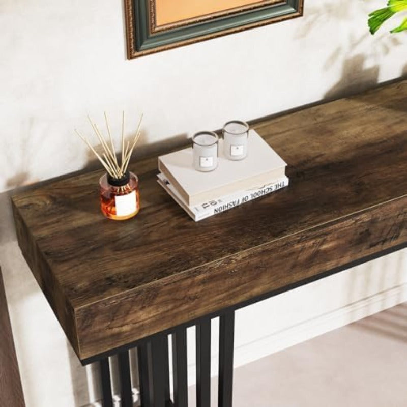 Narrow Console Table – Smalle Sidetable – Haltafel – Wandtafel – Entreetafel – Industrieel Metaal Frame – Houten Vintage Blad 140 cm Bruin