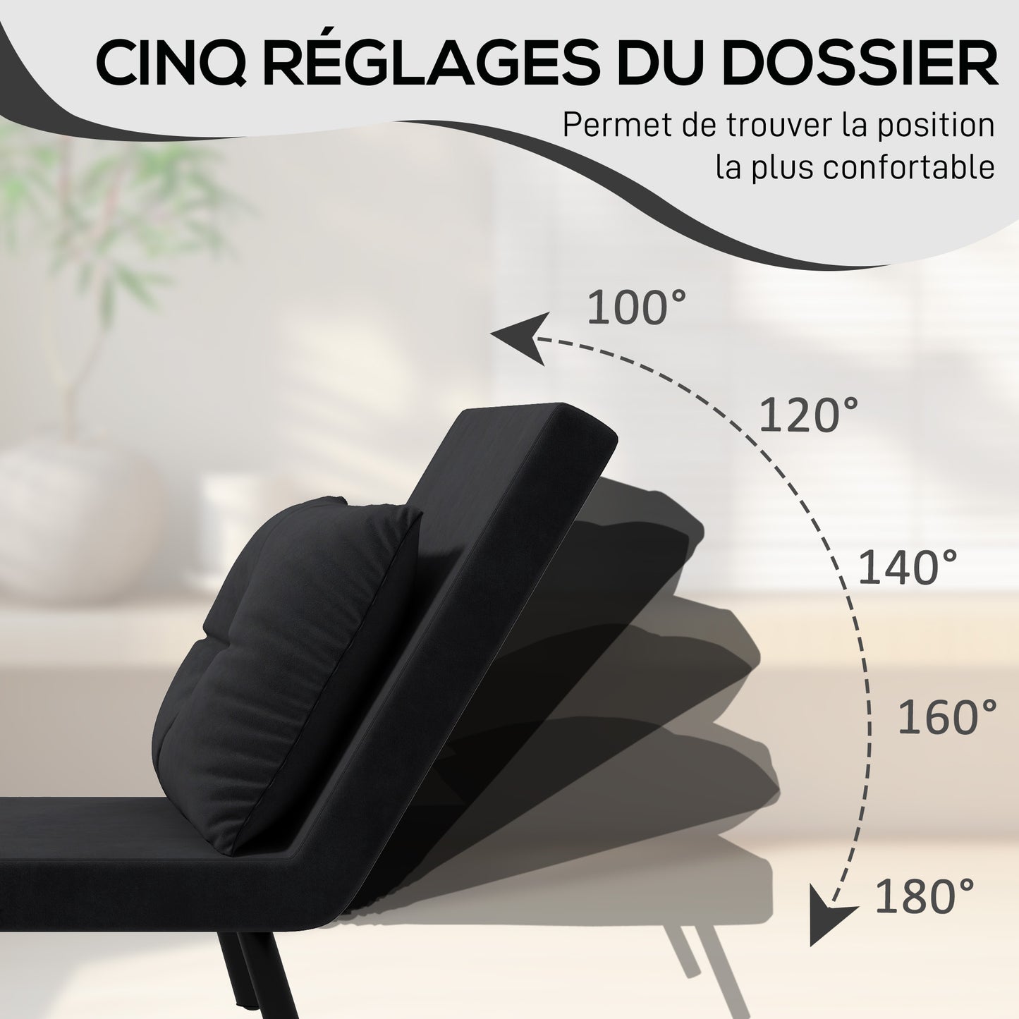 Stoelbed – Slaapstoel – Fauteuil – Slaapfauteuil – Ligstoel – 4-in-1 Multifunctioneel – Verstelbare Rugleuning 5-Posities – Fluweelachtige Stof – Stevig Metalen Frame – Zwart