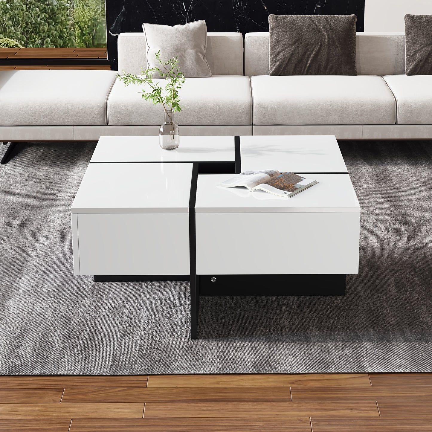 Salontafel – Koffietafel – Woonkamertafel – Bijzettafel – Tafel – Hoogglans MDF – 70x70x35 cm – 4 Lades Met Opbergruimte – Max 30 kg Draagvermogen