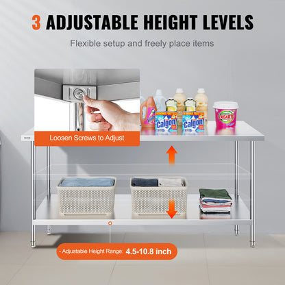 RVS Werktafel – Werkbank – Werkblad – Keukentafel – Werkplek – Roestvrij Staal SUS201 – 183x76x86 cm – 3 Verstelbare Legplanken