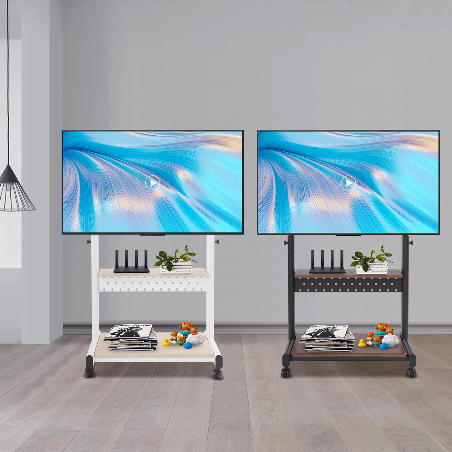 Verstelbare TV-standaard – TV-meubel – TV-houder – TV-onderstel – TV-rack – Zwenkwielen – Verstelbare Hoogte 108,5-128,5 cm – Zwart