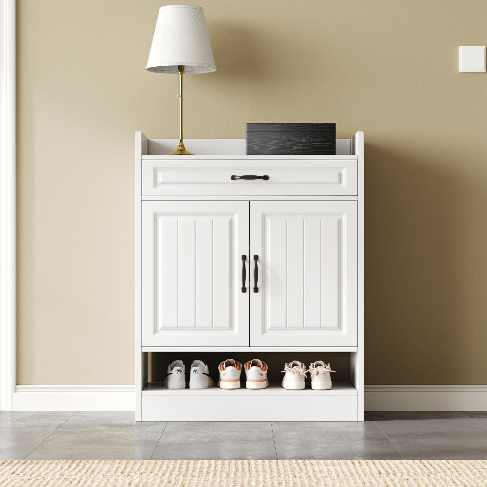 Modern White Metal Shoe Cabinet with Adjustable Shelves, 2 Doors & Drawer - Space-Saving Vertical Storage Organizer with Black Frame, Golden-Toned Hardware, Compact Design for Entryway, Hallway, Small Spaces - Durable Metal C
