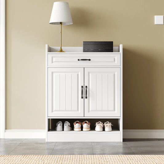 Modern White Metal Shoe Cabinet with Adjustable Shelves, 2 Doors & Drawer - Space-Saving Vertical Storage Organizer with Black Frame, Golden-Toned Hardware, Compact Design for Entryway, Hallway, Small Spaces - Durable Metal C