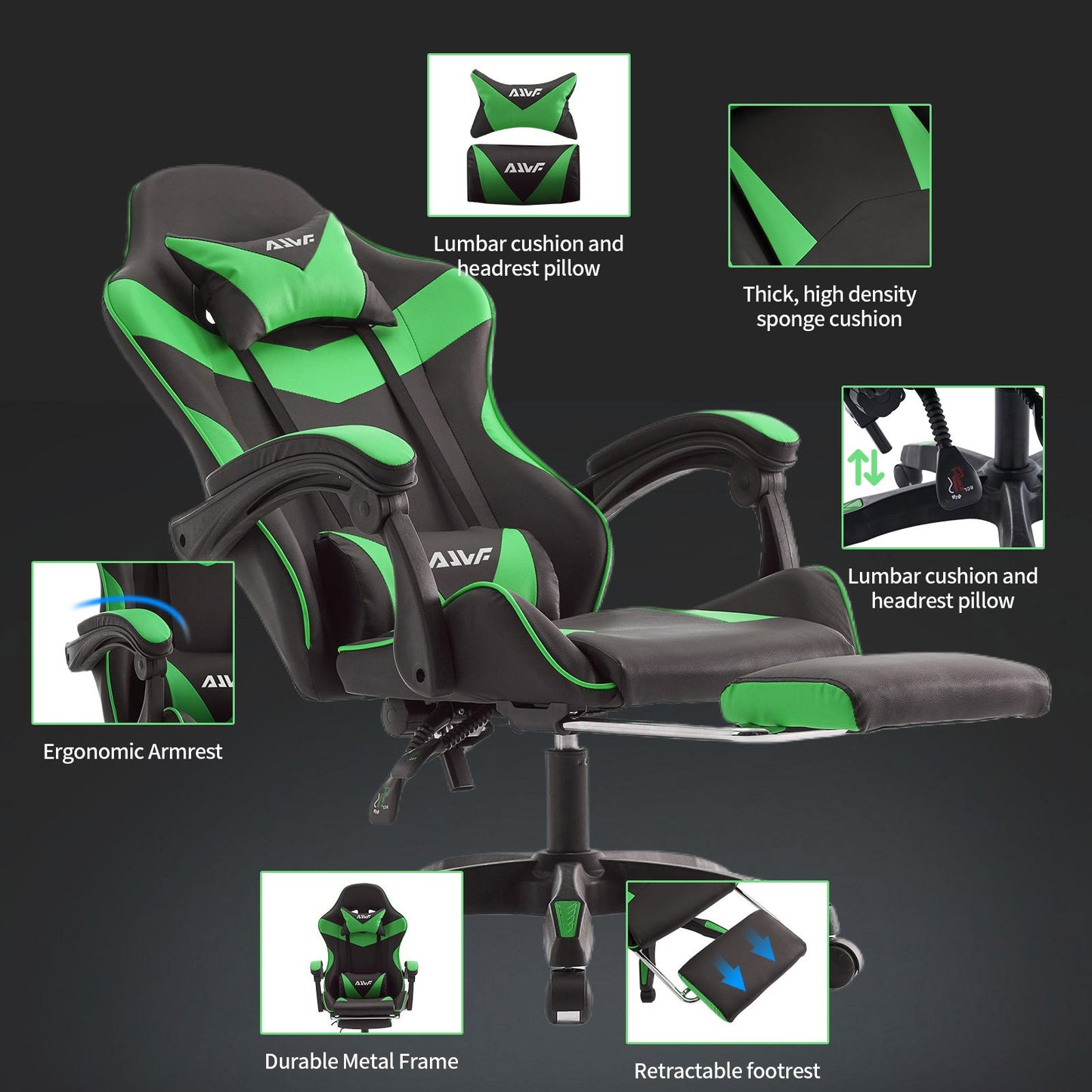Gamingstoel – Gamestoel – Gaming Chair – Gamestoel Met Voetensteun – Bureaustoel – Ergonomisch Ontwerp – Kunstleer Met Traagschuim - Zwart-Groen