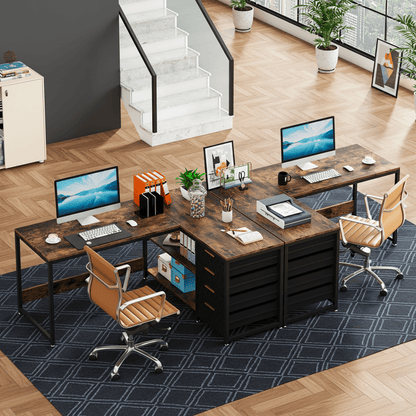 Groot L-vormig Bureau – Hoekbureau – Computertafel – Werkplek – Bureau met Opberglades – Stevig Fiberboard – Wisselbare Hoekopstelling – Bruin Modern Design