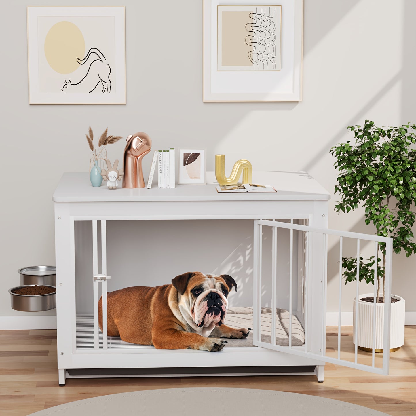 Hondenbench – Hondenren – Kattenren – Hondenhok – Kattenhuis – Houten MDF & Metaal – Afneembare Tray & 2 RVS Voerbakken – 93x58x64 cm – Voor Huisdieren Tot 40 kg