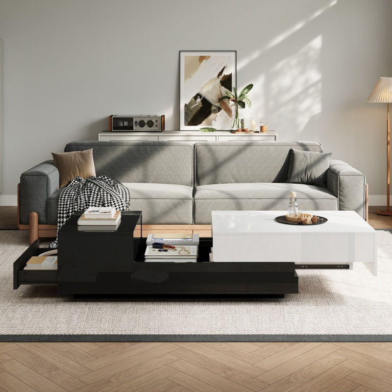 Salontafel – Koffietafel – Woonkamertafel – Dressoirtafel – Bijzettafel – Hoogglans Spaanplaat – Grote Opberglade Met Schuifplaat – Geometrisch Zwart-Wit Design