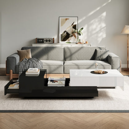 Salontafel – Koffietafel – Woonkamertafel – Dressoirtafel – Bijzettafel – Hoogglans Spaanplaat – Grote Opberglade Met Schuifplaat – Geometrisch Zwart-Wit Design
