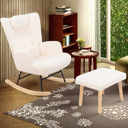 Schommelstoel – Relaxstoel – Leunstoel – Loungefauteuil – Voetenbank – Zachte Memory Foam Bekleding – Ergonomisch Houten Frame – Wit