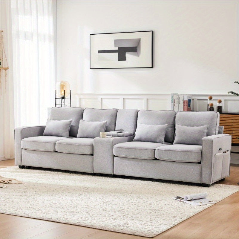 Bankstel – Hoekbank – 4-zitsbank – Slaapbank – Zitbank – Linnen Stoffering – Ingebouwde Console Met 2 Bekerhouders – Armleuning Met Opbergvakken – 4 Comfortabele Kussens – Duurzaam Gemengde Kleuren – Modern Minimalistisch Design