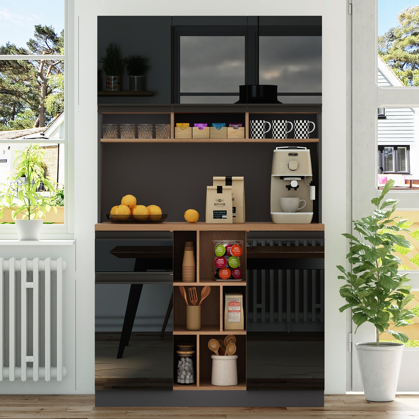Keukenkastje – Buffetkast – Dressoir – Opbergkast – Hoge Kast –  Zwart – 185 cm Hoog – 3 cm MDF Werkblad Met Houtlook