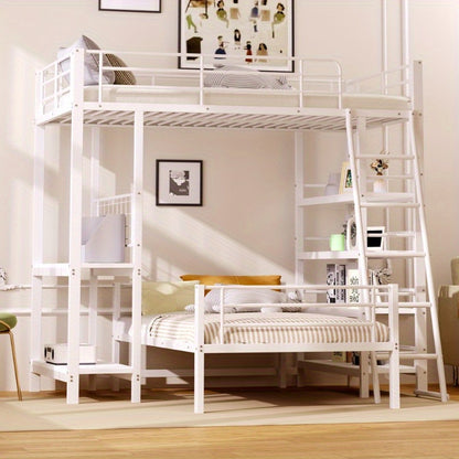 Hoogslaper – Loftbed – Stapelbed – Kinderbed – Eenpersoonsbed – Met Opbergrekken – 90x200 cm – Wit Metaal – Ruimtebesparend – Stevig