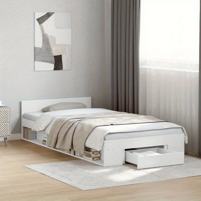 White Bed Frame with Drawer, 100X200 Cm, Made of Multilayer Wood, Removable And Sturdy.