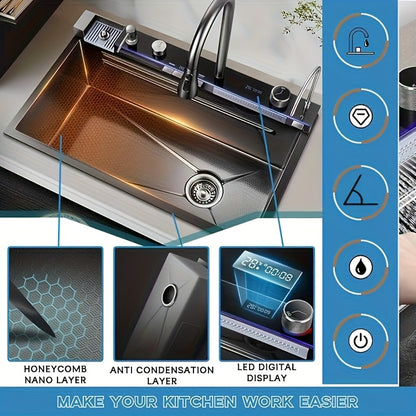 Spoelbak – Keukenspoelbak – RVS Spoelbak – Wasbak – Vaatwasbak – Zwarte Grote Spoelbak – 5,0 mm Dik Roestvrij Staal – Zelfreinigend Hydro-elektrisch Design