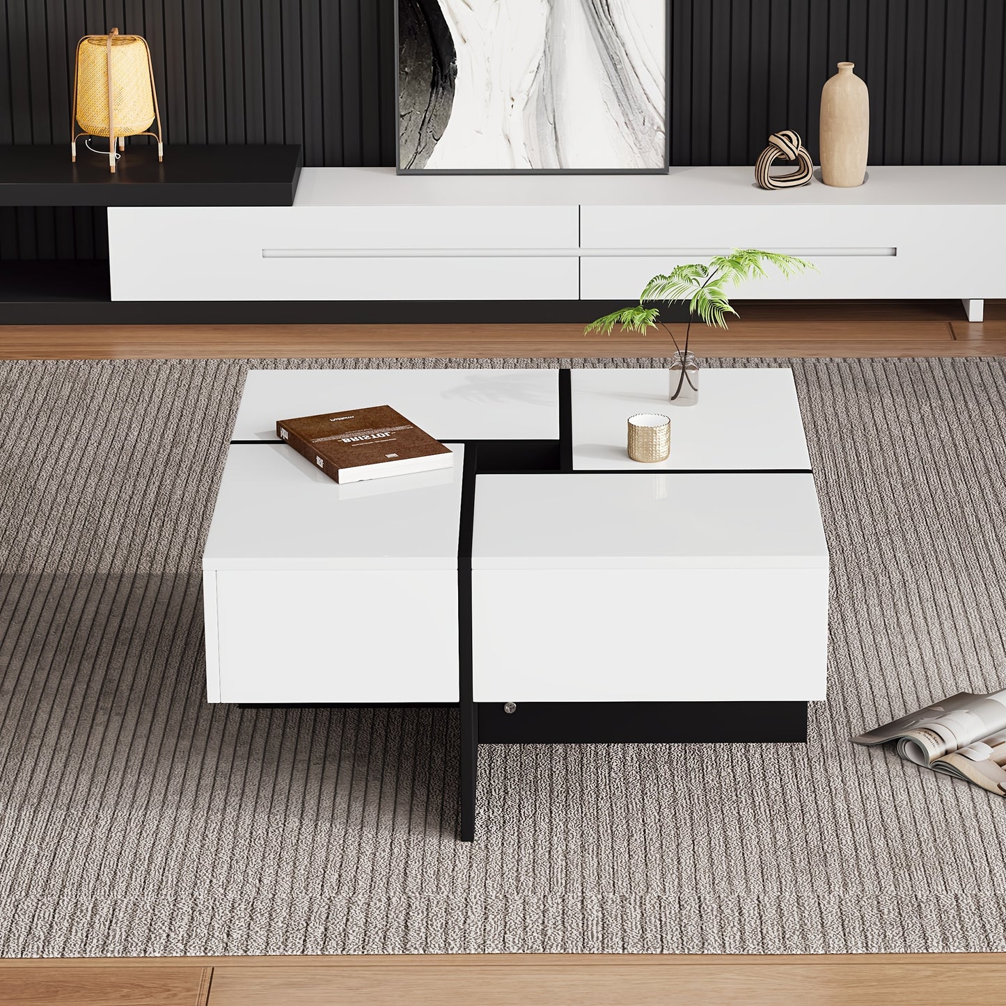 Salontafel – Koffietafel – Woonkamertafel – Bijzettafel – Tafel – Hoogglans MDF – 70x70x35 cm – 4 Lades Met Opbergruimte – Max 30 kg Draagvermogen