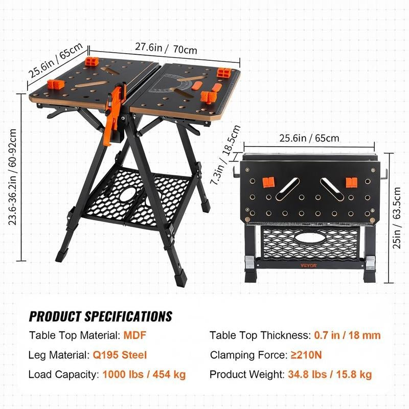Heavy-Duty Folding Workbench with Large Table - 70x65cm MDF Tabletop & Q195 Steel Frame, Adjustable Height (60-92cm) - Heavyweight Capacity Suitable for Sawing, Sanding,, Workbench for Workshop,,