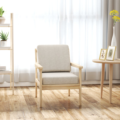 Scandinavische Fauteuil – Relaxstoel – Leunstoel – Woonkamerstoel – Slaapkamerstoel – Linnen-Effect Bekleding – Verwijderbare Wasbare Kussens – Licht Houten Frame – Beige – 62 x 82 x 82 cm