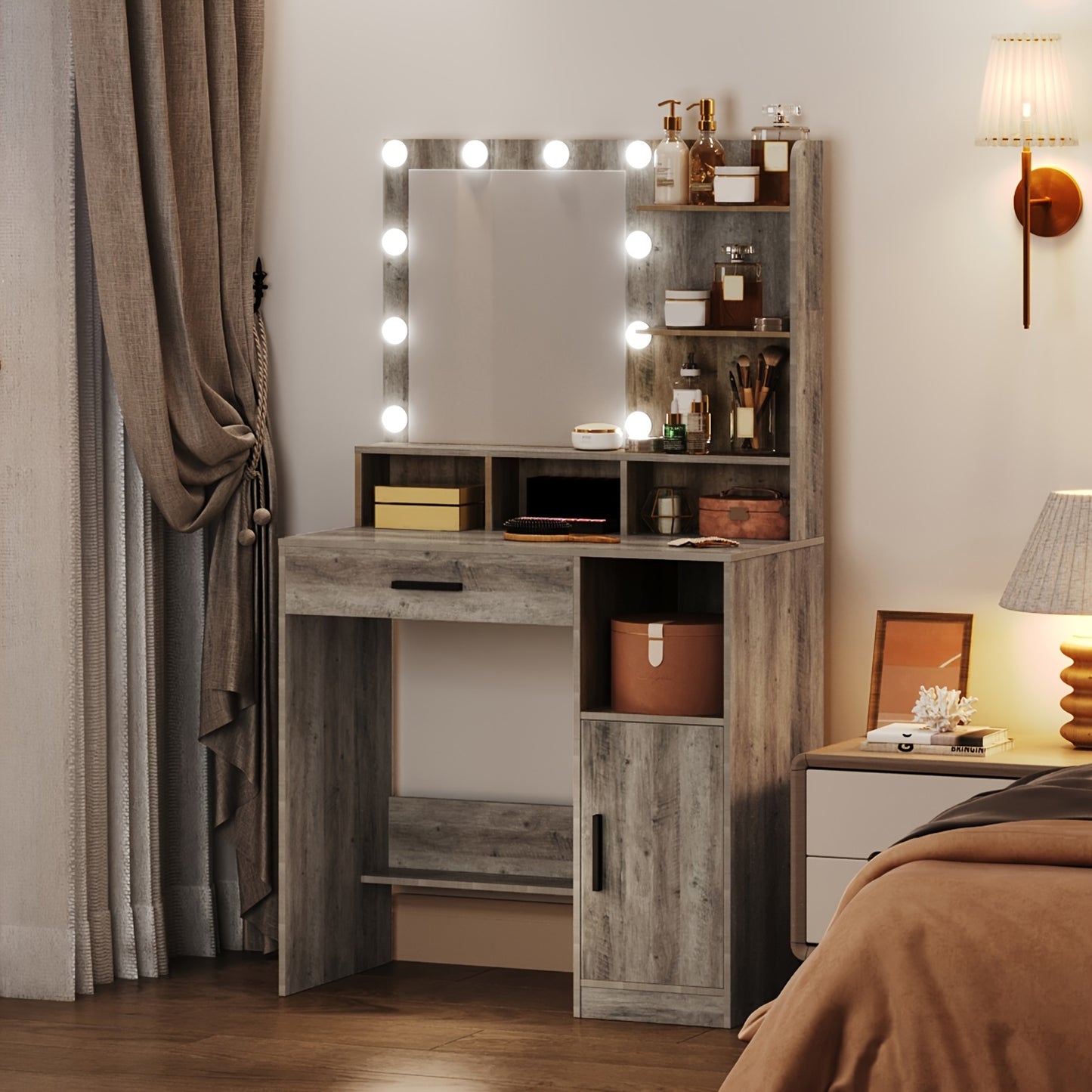 Make-up Tafel – Kaptafel – Schminktafel – Vanity Table – Make-up Bureau – Greige Kleur – 10 LED Verlichting Met 3 Dimbare Standen – 3 Open Planken & 4 Vakken Met Grote Lade