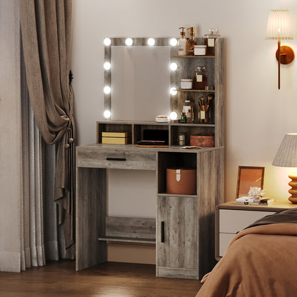 Make-up Tafel – Kaptafel – Schminktafel – Vanity Table – Make-up Bureau – Greige Kleur – 10 LED Verlichting Met 3 Dimbare Standen – 3 Open Planken & 4 Vakken Met Grote Lade