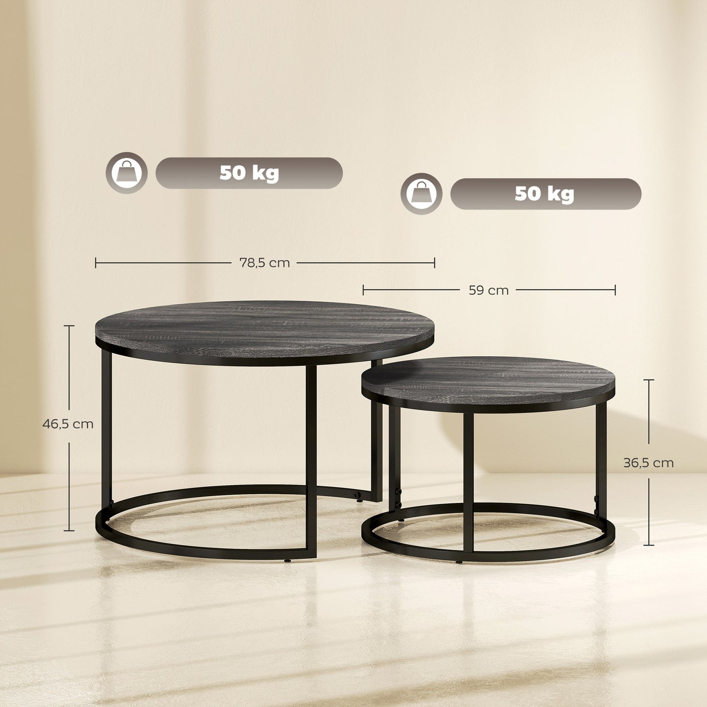 Salontafel – Koffietafel – Bijzettafel – Sofa Tafel – Woonkamertafel – Zwart Metalen Frame – Stapelbaar Design