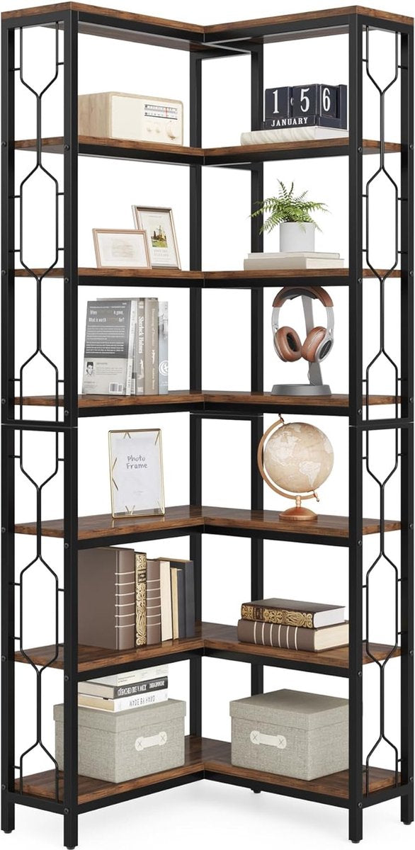 Boekenkast - Hoek Boekenkast met 7 Planken - Industrieel - Spaanplaat - Bruin/Zwart - 60 x 60 x 200 cm