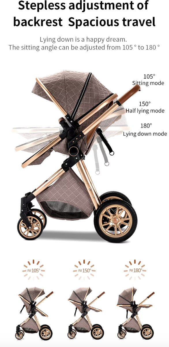 Kinderwagen 3 in 1 - Kinderwagen - Bedje - Buggy - Autostoel - Opvouwbaar - Aluminium frame - Lichtgrijs - Zilver - Bruin