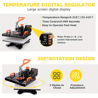 Heat Press Machine – Warmtepers – Transferpers – Hittepers – Sublimatiepers – 8-in-1 Multifunctioneel – 30x38 cm Met Digitale Timer – 360° Swing Away Arm