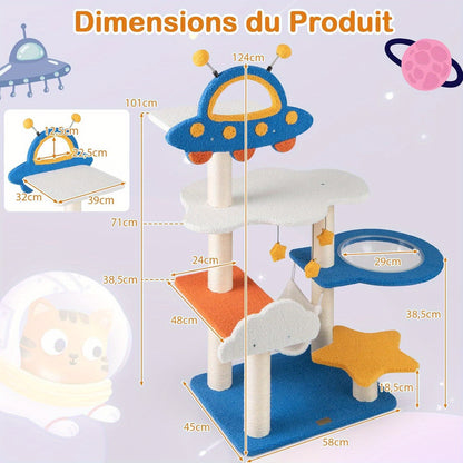 Krabpaal – Kattenboom – Krabmeubel – Kattenhuis – Krabton – 124 cm Hoog – Fiberboard & Sisal – Ruimtethema Met UFO-Platform, Hangmat en Capsule – Blauw