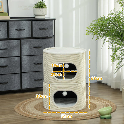 Kattenhut – Kattenhuis – Kattenkooi – Krabton – Kattenhuisje – Modulaire Ontwerp – Sisal Krabvlak – 3 Niveaus – Creme Wit
