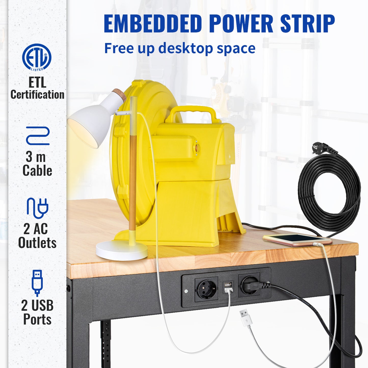 Werkbank – Werktafel – Klusbank – Verstelbare Werkplek – 122x61 cm – Massief Hardhout Werkblad – Ingebouwd Stopcontact & PU Zwenkwielen