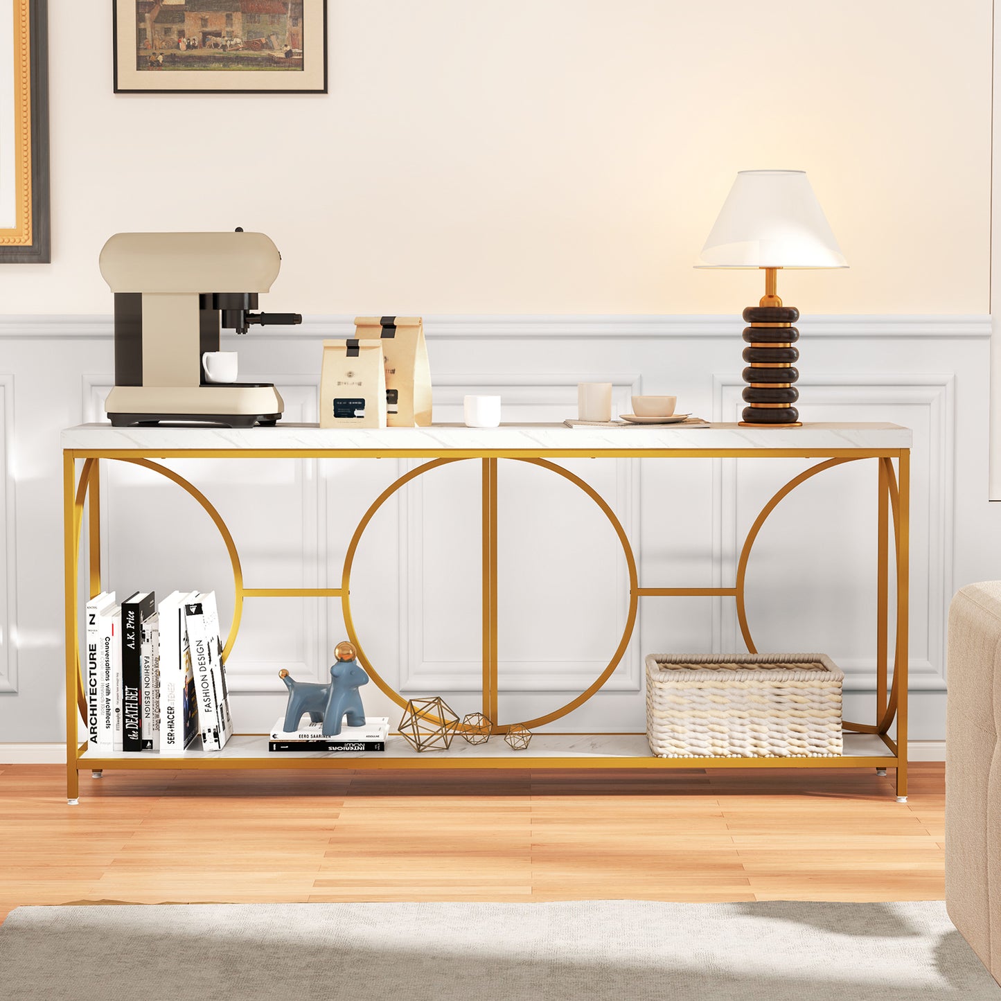 180 cm Sidetable – Haltafel – Console tafel – Sofa tafel – Smalle Tafel – Marmer Look – Geometrisch Goud Metaal – Modern Design