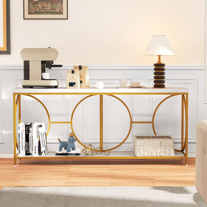 180 cm Sidetable – Haltafel – Console tafel – Sofa tafel – Smalle Tafel – Marmer Look – Geometrisch Goud Metaal – Modern Design