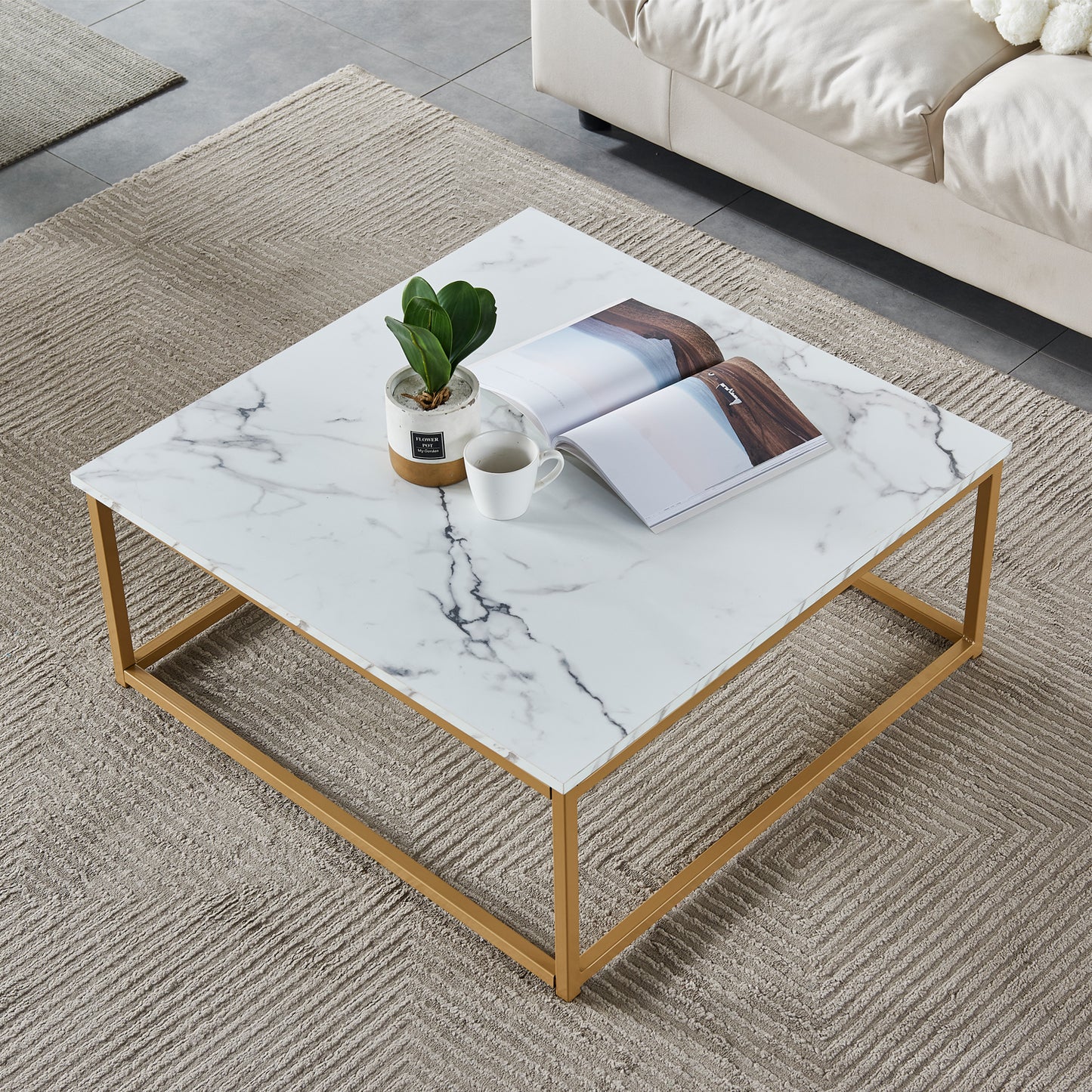 Salontafel – Koffietafel – Bijzettafel – Woonkamertafel – Lounge tafel – Gouden Marmerlook – Industrieel Metalen Frame – 80x80x34 cm – Eenvoudig Montage