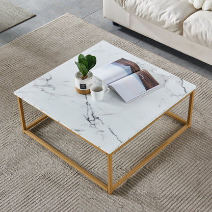 Salontafel – Koffietafel – Bijzettafel – Woonkamertafel – Lounge tafel – Gouden Marmerlook – Industrieel Metalen Frame – 80x80x34 cm – Eenvoudig Montage