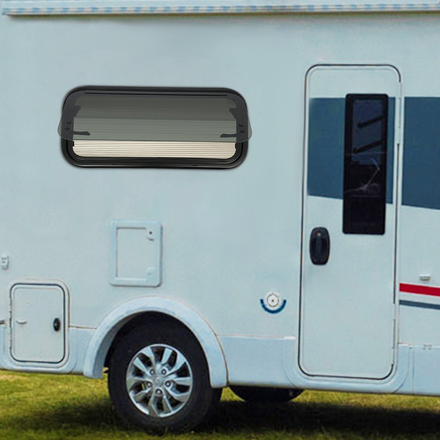 Caravanraam – Camperraam – Uitzetraam – Schuifraam – Zijraam – Aluminium Frame – Zwart Gehard Glas – 85° Verstelbaar – Ventilatieraam 70x30 cm