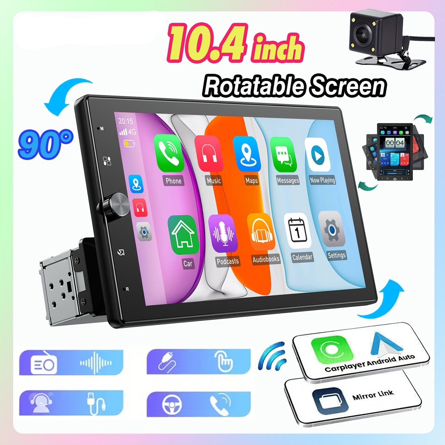 Autoradio – Auto Multimedia Speler – Inbouw Radio – Single DIN Radio – Draaibare Autoradio – 26,4 CM HD Touchscreen – Draadloos CarPlay & Android Auto – Inclusief 4 LED Achteruitrijcamera
