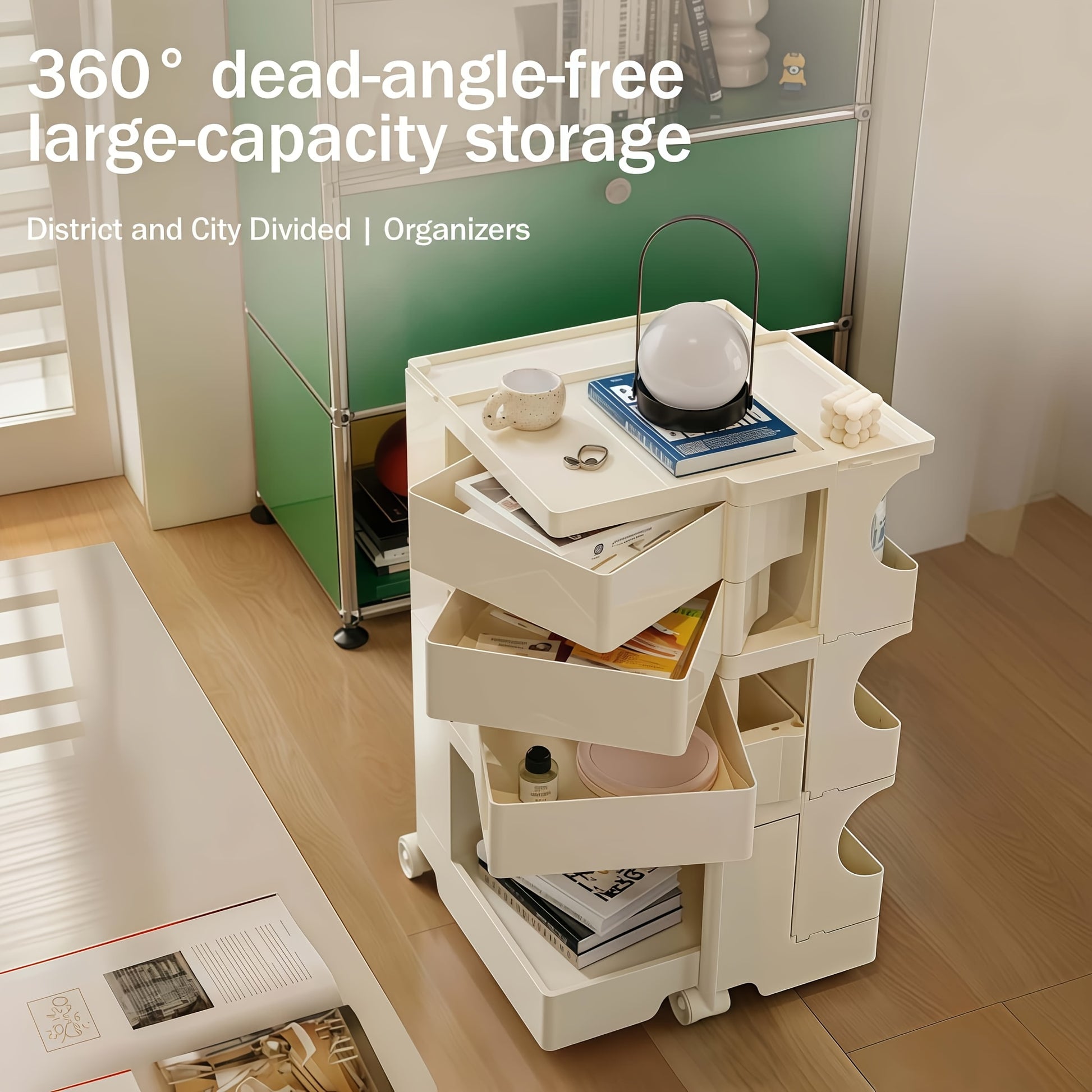 Verrijdbare Opbergkast – Rollende Kast – Organizer – Opbergrekje – Mobiele Kast – Scandinavisch Design – Waterbestendig PVC – Vijf Ruime Schappen – Tangerine - QUORE