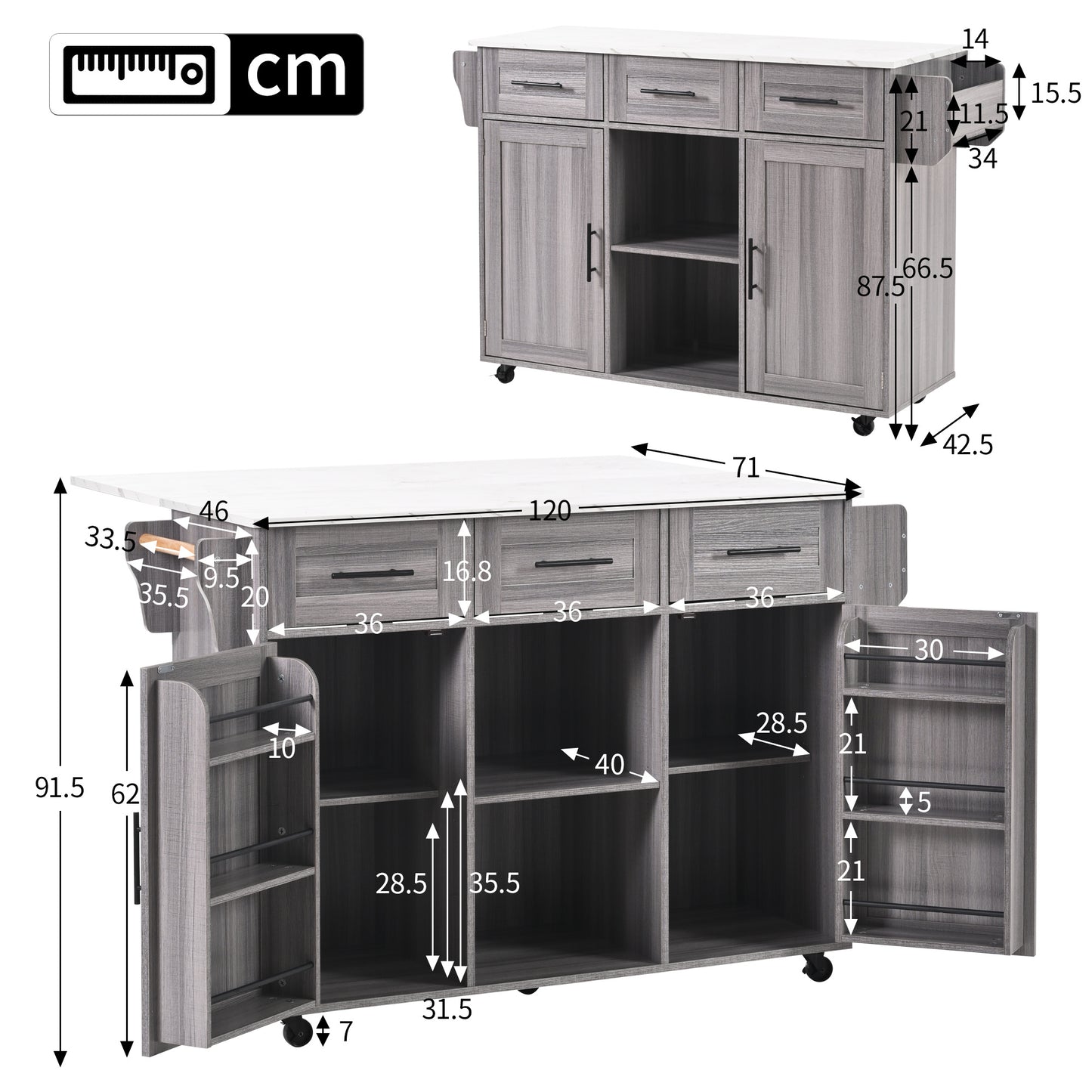 Keukentrolley – Keukenkast – Serveerwagen – Keukenwagen – Buffetwagen – Uitklapbaar Werkblad – Houtlook Werkblad – 139x46(71)x91,5 cm – Met Laden en Verstelbare Planken