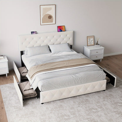 Bedframe – Bed – Tweepersoonsbed – Platformbed – Opbergbed – Met 4 Opbergladen – Gestoffeerd Hoofdbord – 160x200 cm – Beige Fluweel